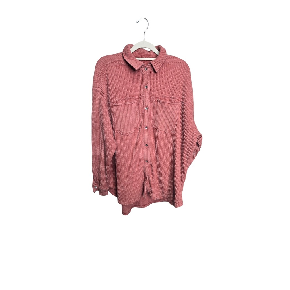 Aerie Waffle Knit Button Down Shirt Womens Medium Pink Long Sleeve Oversized